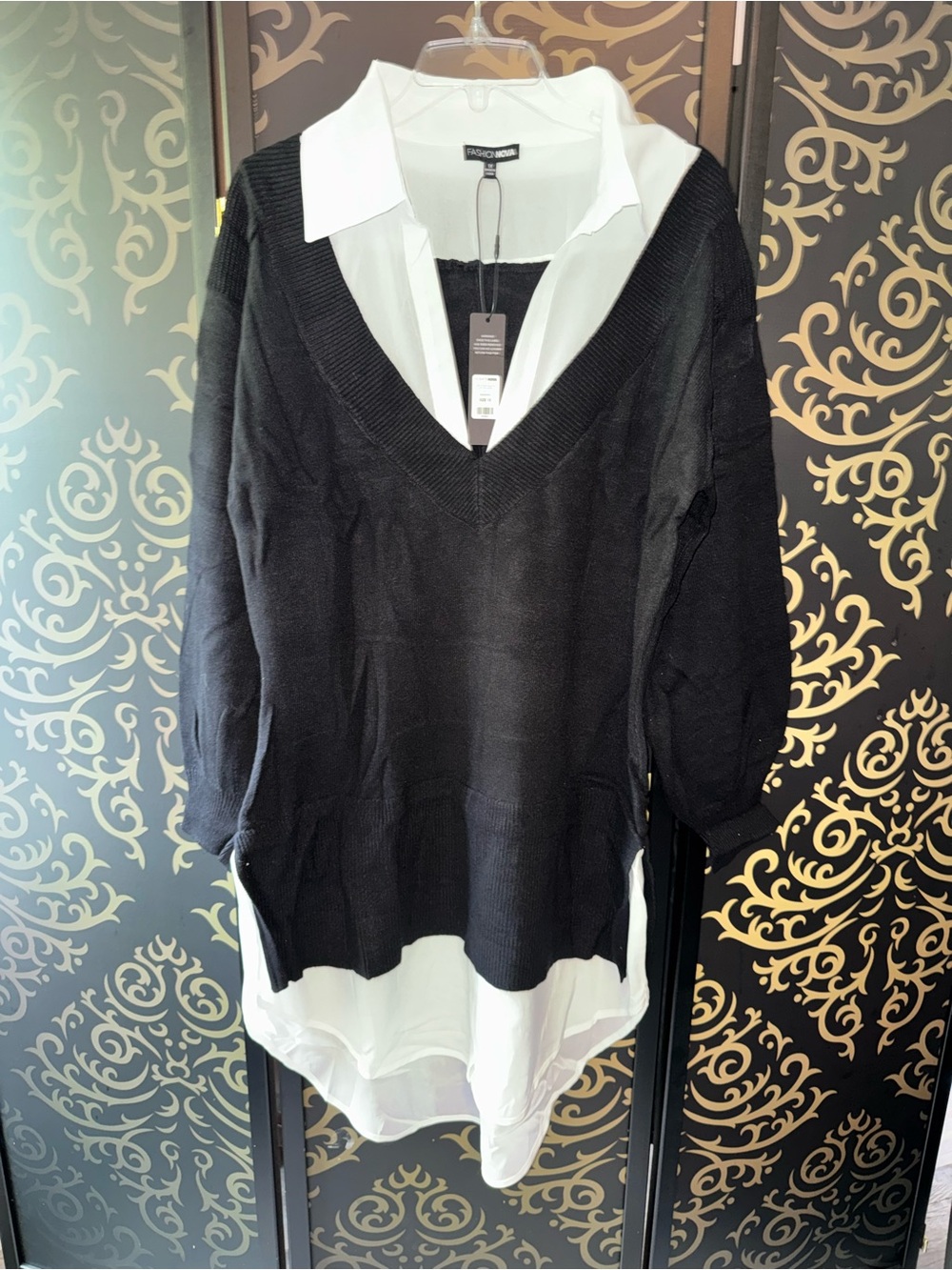 Fashion Nova Black V-Neck Layered Sweater Tunic with White Shirt Detail